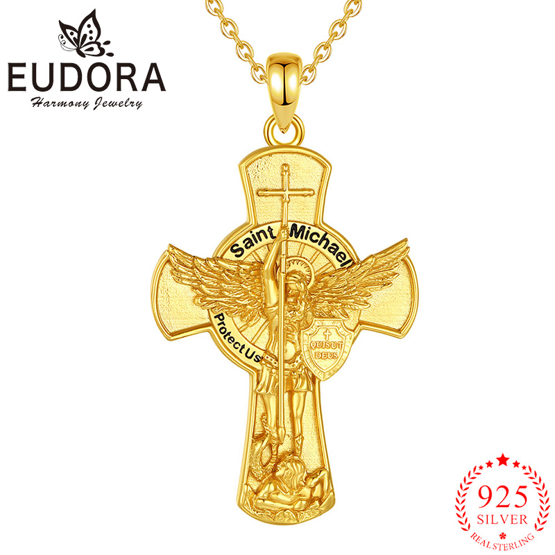 925 Sterling Silver Chain Necklace Men - Eudora St. Michael Erzengel-Halskette, 925er-Sterlingsilber, vergoldet,