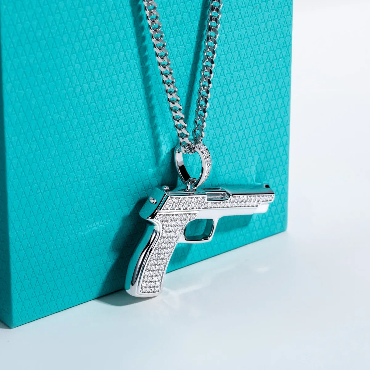 925 Sterling Silver Chain Necklace Men - FCGJHW Moissanit-Pistolen-Anhänger, auffällige Hip-Hop-Halskette, Silberkette 60